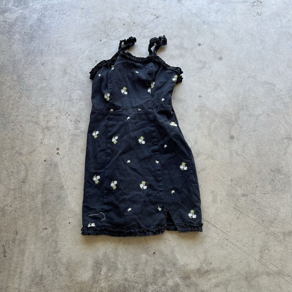 Urban Outfitters Wren Embroidered Ruffle Mini Dress XS Black Cotton Blend Cami